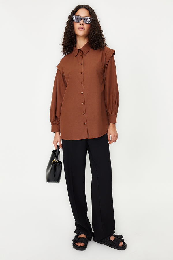 Trendyol Modest Women's Brown Plain Long Sleeve Relaxed Shirt