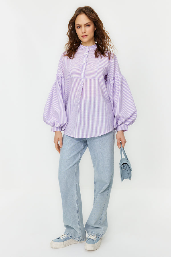 Trendyol Modest Women's Purple Plaid / Checkered Long Sleeve Regular Tunic