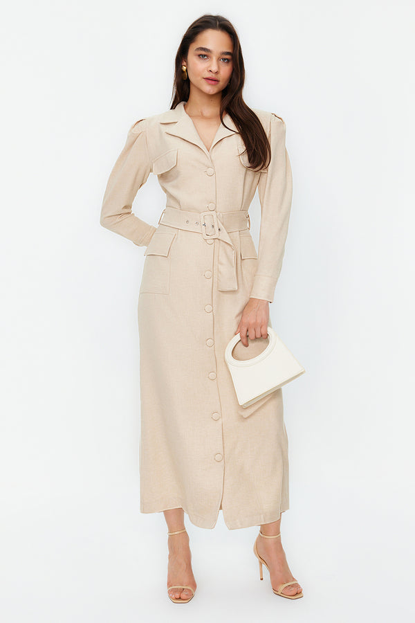 Trendyol Modest Women's Beige Plain Maxi Long Sleeve Business Fitted Dress