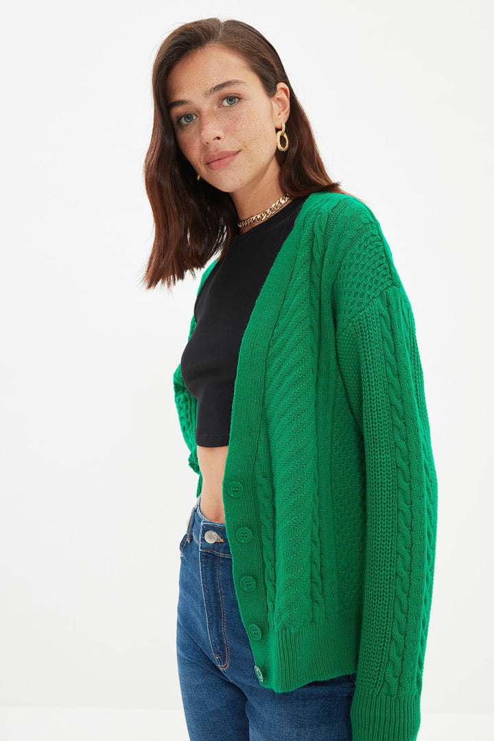 Wetsuit Tops |  Trendyolmilla Green Knit Detailed Oversize Knitwear Cardigan Twoaw22Hı0736.