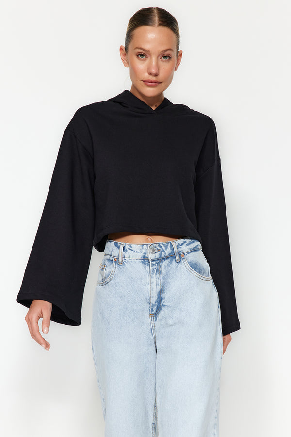 Black Thick Fleece Inside Comfort Fit Crop Spanish Sleeve Hooded Knitted Sweatshirt TWOAW24SW00284