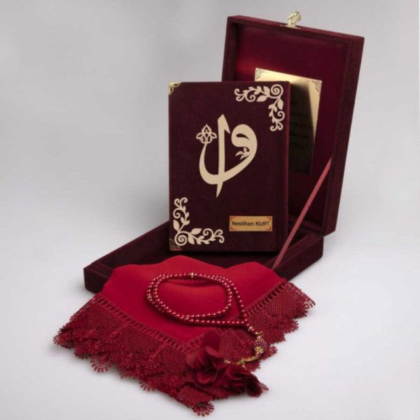 Şal + Dua Boncukları + Kur'an Hediye Seti (Çanta Boyutu, Plak Kutulu, Beyaz Kırmızı)