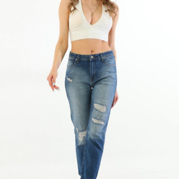 Women's Blue Lycra High Waist Shiny Stone Sequined Ripped Boyfriend Jeans