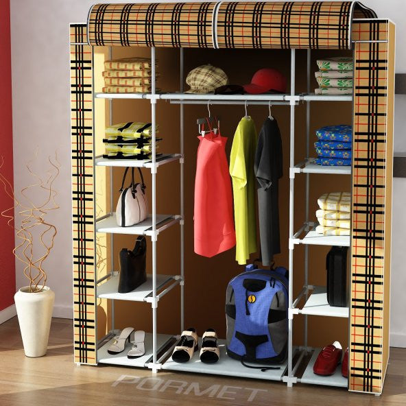 Hanging Cloth Wardrobe With Double Side Shelves - Plaid