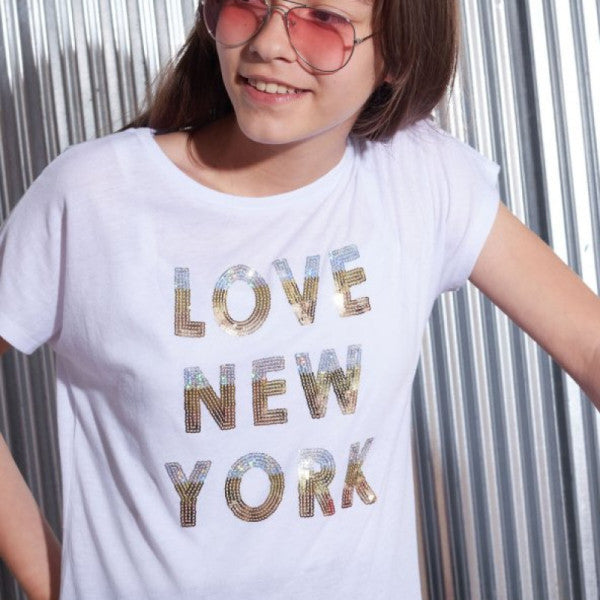 Girl's White 8-15 Years Love Ny Sequined Written T-Shirt 6592