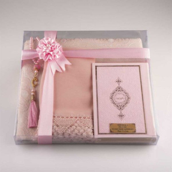 Shawl + Prayer Rug + Prayer Beads + Quran Gift Set (Bag Size, Powder Pink)