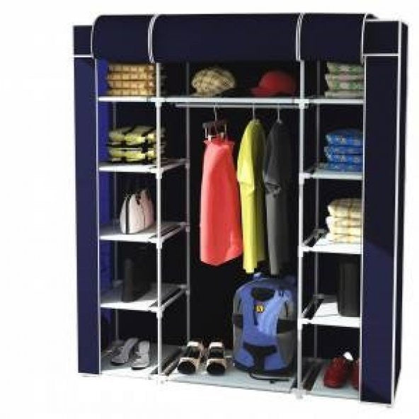 Cloth Wardrobe with Double Side Shelves and Hangers - Navy Blue