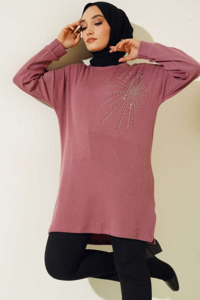 Shiny Stone Thin Ribbed Tunic Dusty Rose