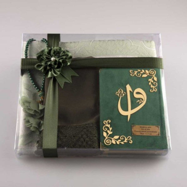 Shawl + Prayer Rug + Prayer Beads + Quran Gift Set (Bag Size, Velvet, Olive Green)