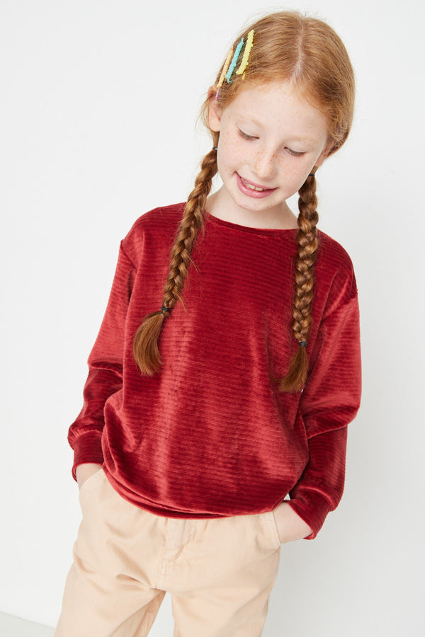 TRENDYOLKIDS Claret Red Velvet Girl Knitted Sweatshirt TKDAW23SW00021