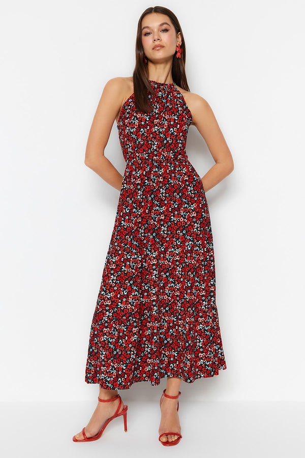 Multicolor Floral Print Halter Neck Printed A-Line Maxi Knit Dress TWOSS23EL00705
