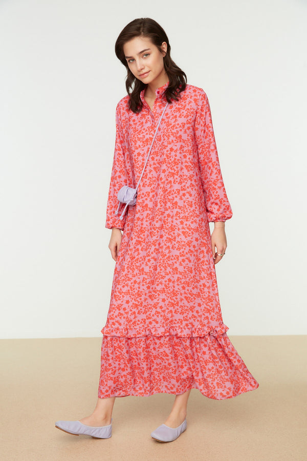 Trendyol Modest Floral Patterned Half Pat Skirt Frilly Woven Dress Tctss21El3353