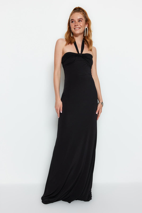 Black Fitted Knitted Evening Dress TPRSS23AE00074