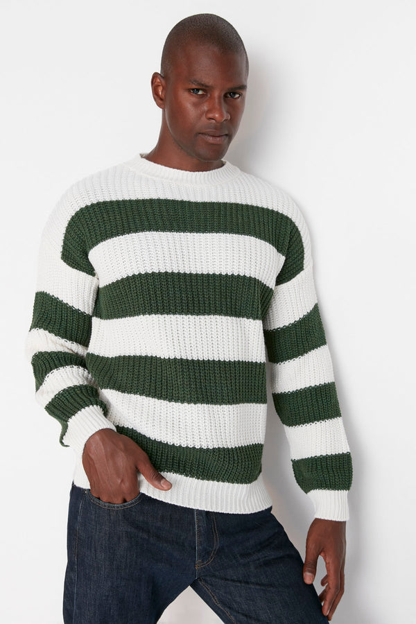 TRENDYOL MAN Men's Oversize Fit Wide Fit Crew Neck Striped Knitwear Sweater TMNAW23KZ00106