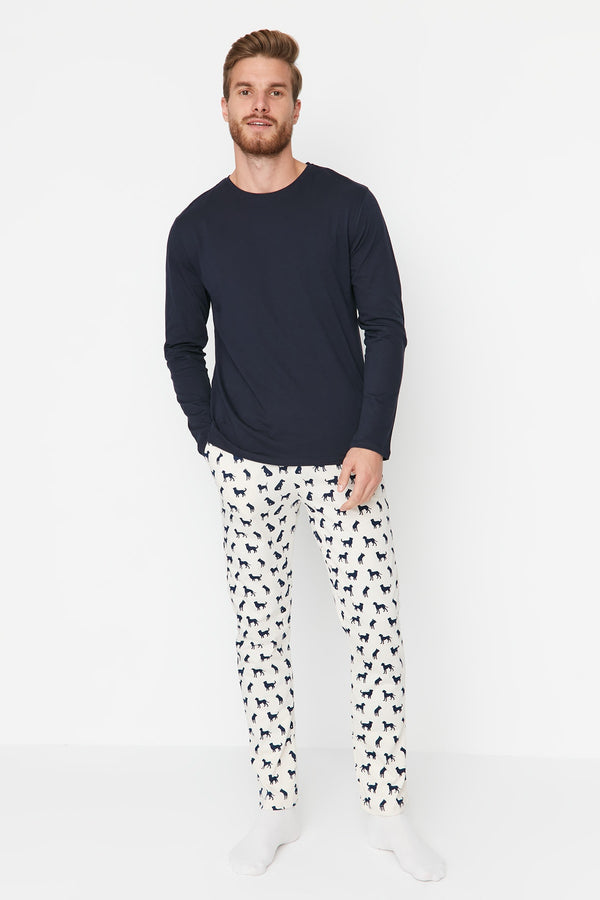 TRENDYOL MAN Men's 100% Cotton Regular Fit Printed Knitted Pajamas Set TMNAW23PT00028