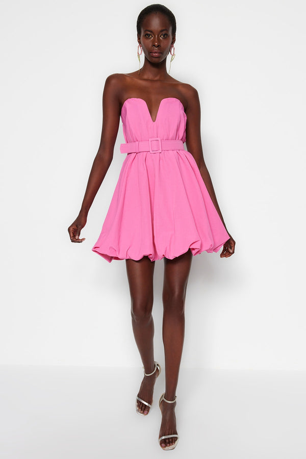 Pink Balloon Skirt With Belt and Detailed Poplin Evening Dress TPRSS23EL00576