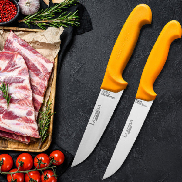 Lazbisa Kitchen Knife Set Meat Butcher Vegetable Fruit Bread Knife Gold Series Set of 2