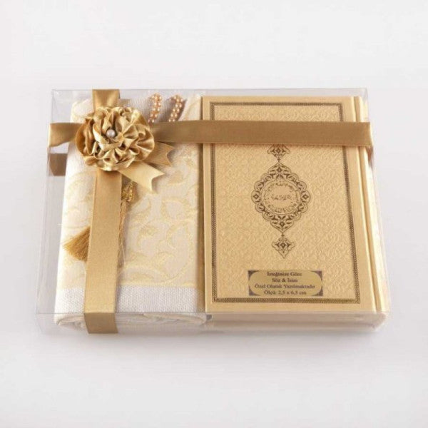 Prayer Mat + Prayer Beads + Quran Gift Set (Bag Size, Gold)