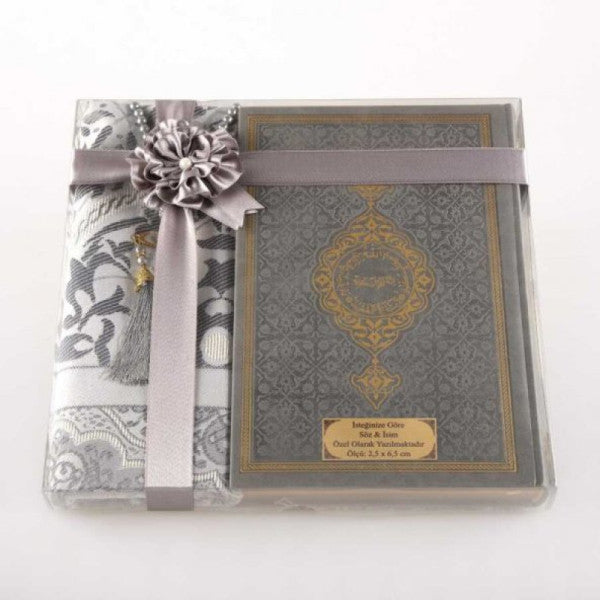 Prayer Mat + Prayer Beads + Quran Gift Set (Medium Size, Gray)