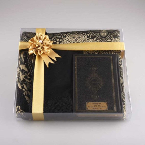 طقم هدية شال + سجادة صلاة + سبحة + القرآن (حجم الحقيبة، أسود)