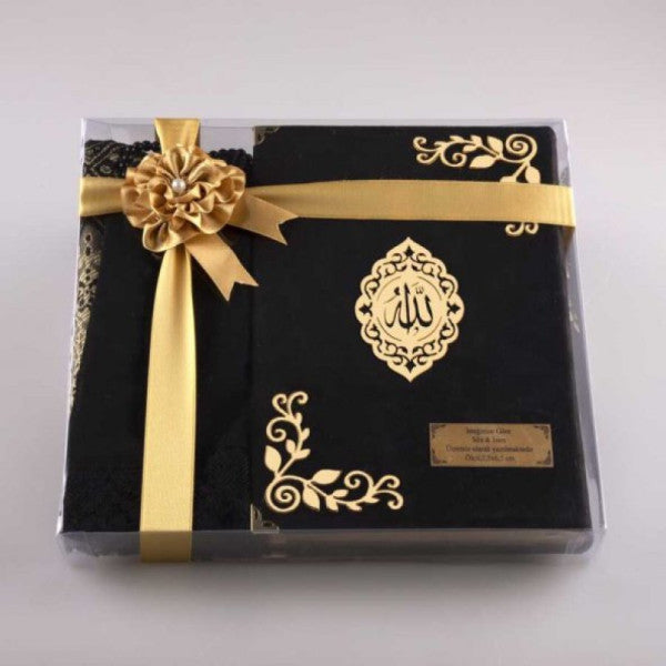 Shawl + Prayer Rug + Praying Beads + Quran Gift Set (Medium Size, Velvet, Black)