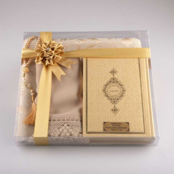 Shawl + Prayer Rug + Prayer Beads + Quran Gift Set (Hafiz Size, Gold)