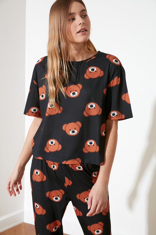 Trendyolmilla Black Teddy Bear Printed Knitted Pajamas Set Thmss21Pt0195