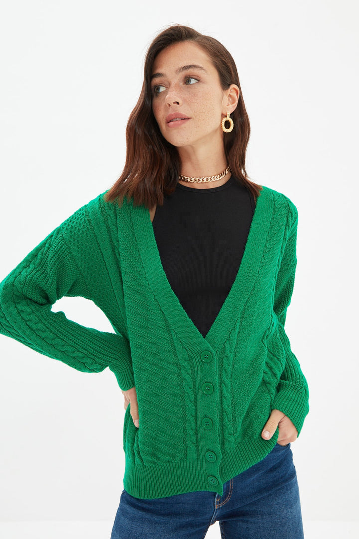 Wetsuit Tops |  Trendyolmilla Green Knit Detailed Oversize Knitwear Cardigan Twoaw22Hı0736.