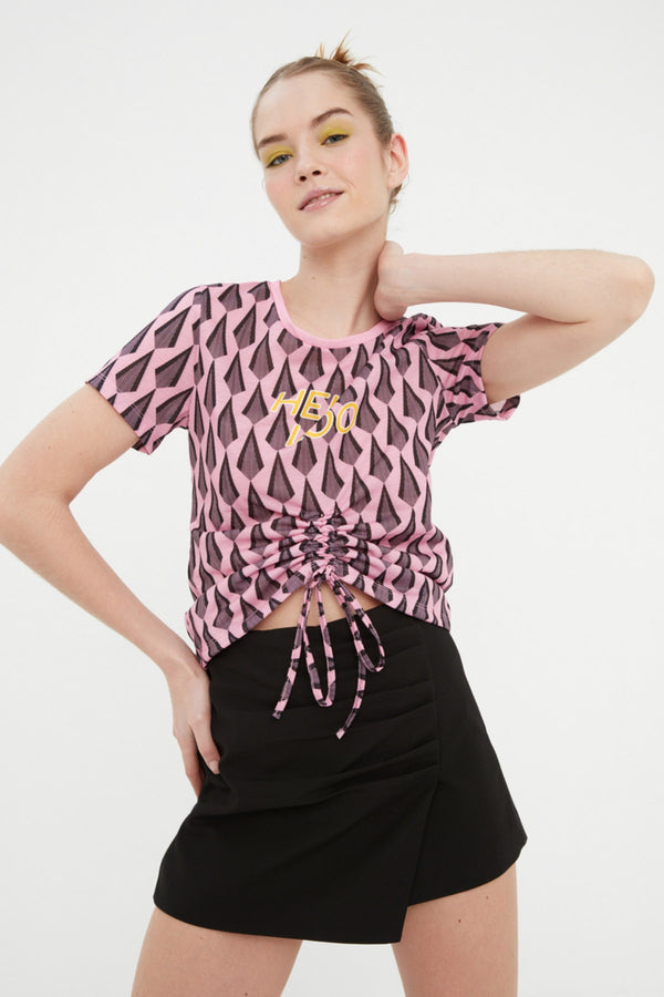 Trendyolmilla Printed And Shirred Detail Crop Knitted T-Shirt