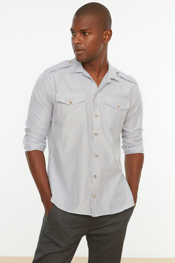 TRENDYOL MAN Men Regular Fit Shirt Collar Double Pocket Covered Striped Shirt TMNAW22GO1003