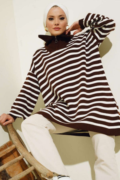 Zippered Collar Knitwear Tunic Brown