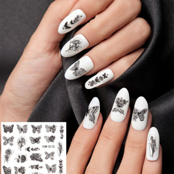 Flower And Butterfly Figured Black Nail Sticker