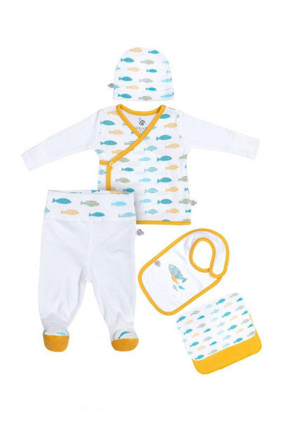 Ecocotton Dodo Baby طقم ملابس للمستشفى مكون من 5 قطع، 100 قطن عضوي، أبيض حديث الولادة، 0-3 أشهر