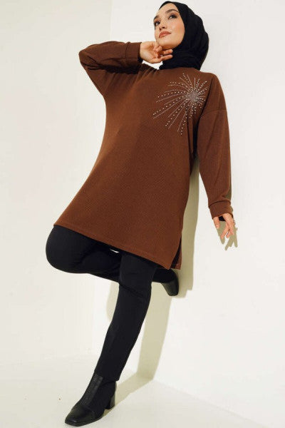 Shiny Stone Thin Ribbed Tunic Brown