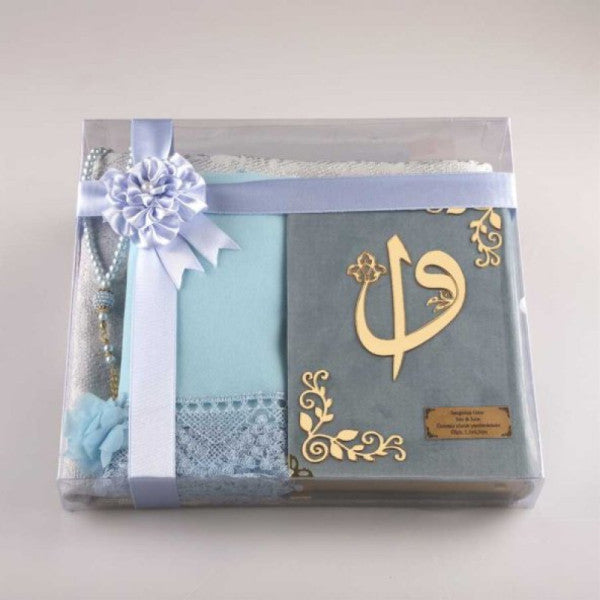 Shawl + Prayer Rug + Prayer Beads + Quran Gift Set (Hafiz Size, Velvet, Light Blue)