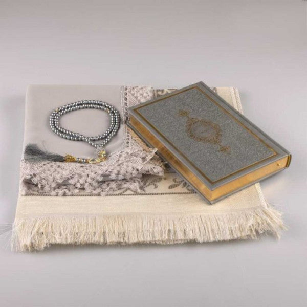 Shawl + Prayer Rug + Prayer Beads + Quran Gift Set (Hafiz Size, Grey)
