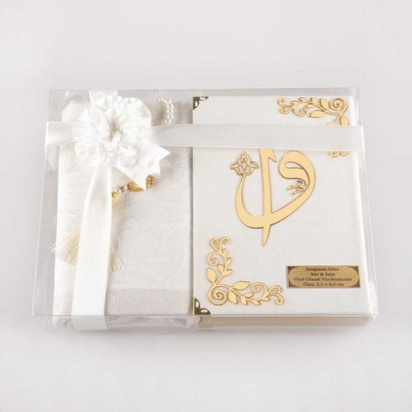 Prayer Mat + Prayer Beads + Quran Gift Set (Hafiz Size, Velvet, White)