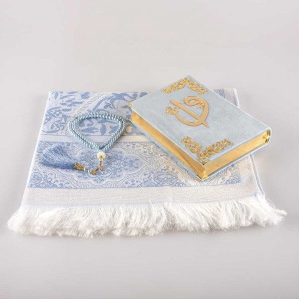 Prayer Mat + Prayer Beads + Quran Gift Set (Hafiz Size, Velvet, Light Blue)