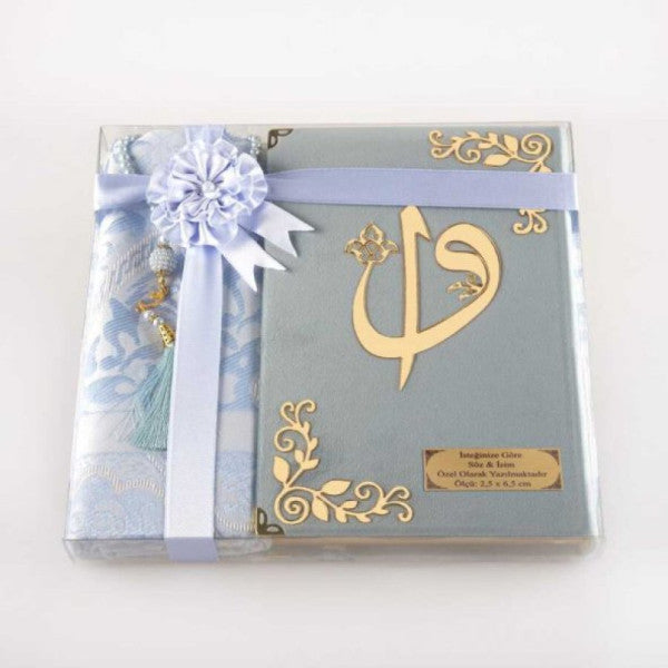 Prayer Mat + Prayer Beads + Quran Gift Set (Medium Size, Velvet, Light Blue)