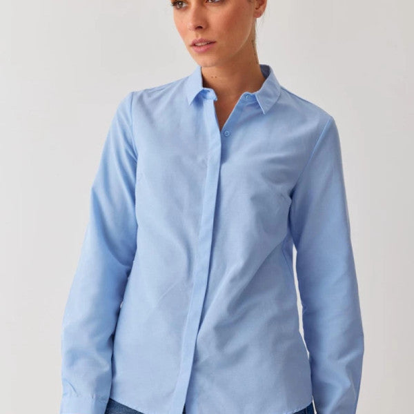 Kadın Düz Mavi Renk Poplin Basic Ofis Gömlek