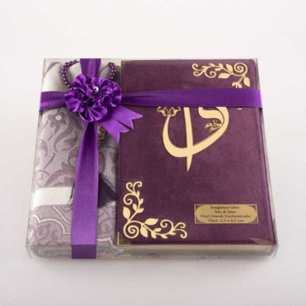 Prayer Mat + Prayer Beads + Quran Gift Set (Medium Size, Velvet, Purple)