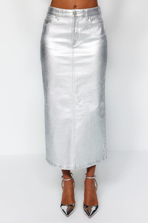 Trendyomilla Kadınlar Gümüş Renkli Sade Maxi A-Line Etek