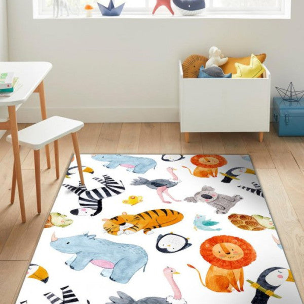Frenda Home Animal World Patterned Non-Slip Leather Base Kindergarten Carpet White 80X150