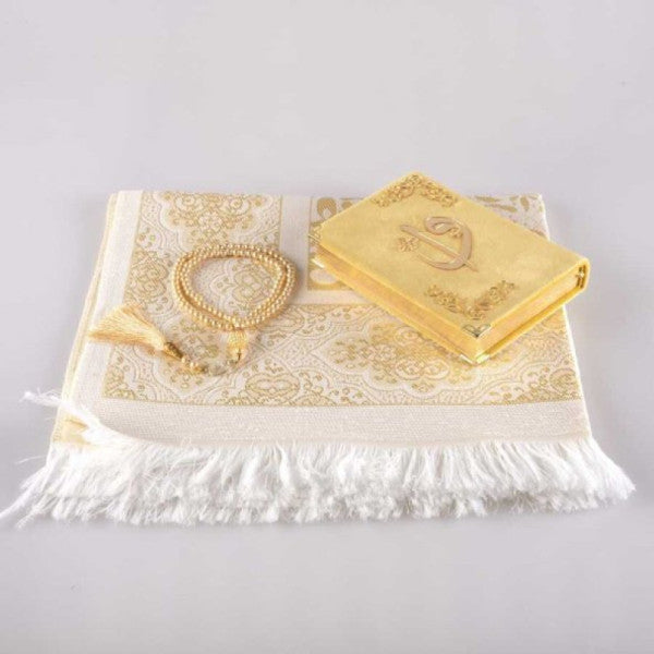 سجادة صلاة + مسبحة صلاة + مجموعة هدايا القرآن الكريم (حجم الحقيبة، مخملية، ذهبي)