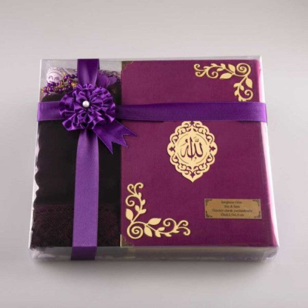 Shawl + Prayer Rug + Rosary + Quran Gift Set (Bag Size, Velvet, Purple)