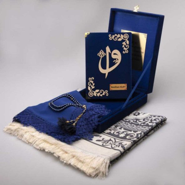 Şal + Dua Halı + Dua Boncukları + Kur'an seti (yükseliş, plak kutusu, koyu mavi)