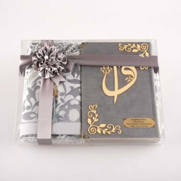 Prayer Mat + Prayer Beads + Quran Gift Set (Hafiz Size, Velvet, Elif-Vavlı, Gray)