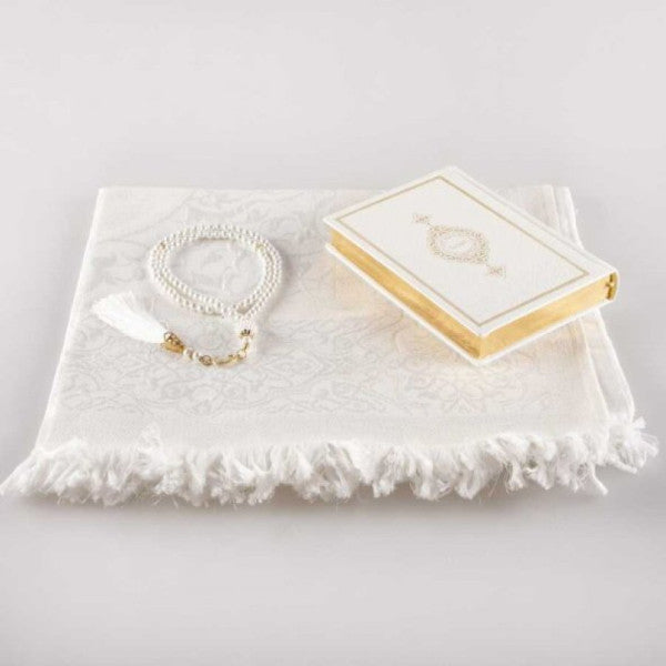 Prayer Mat + Prayer Beads + Quran Gift Set (Bag Size, White)