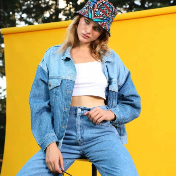 Women's Color Blocked Oversize Jean Jacket Blue