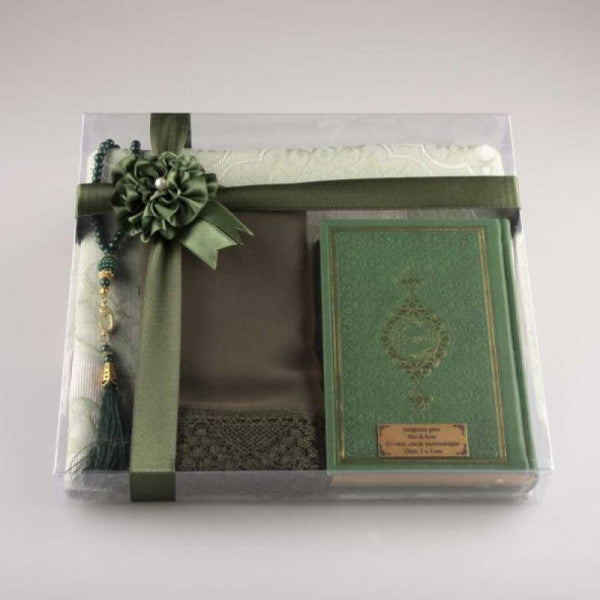 Shawl + Prayer Rug + Prayer Beads + Quran Gift Set (Bag Size, Green)